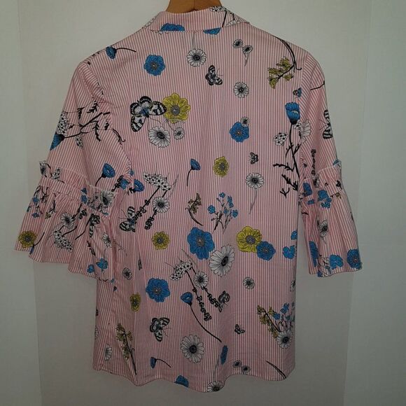 SILENT CHAOS Pink White Stripped Blouse with Blue, Yellow & Black Flowers MEDIUM - Picture 5 of 10